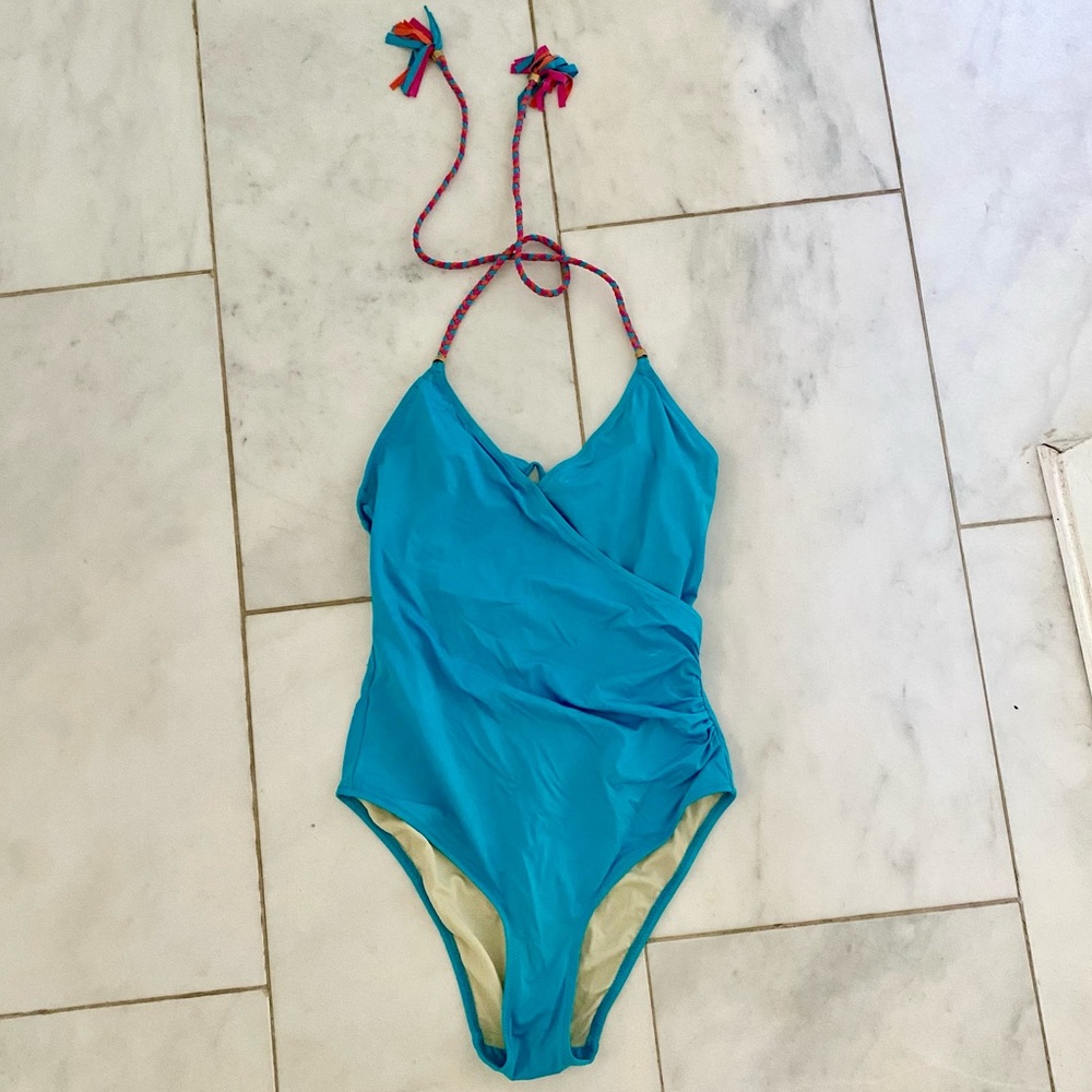 Lazul one piece bathing suit turquoise braided strap, size 1